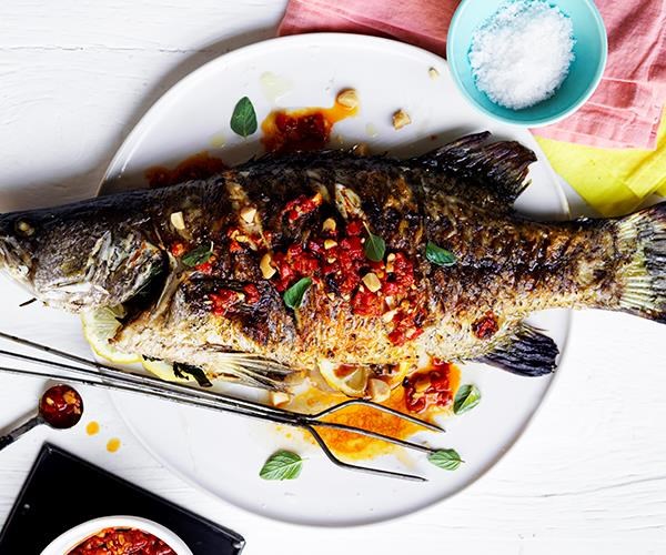 Barbecued barramundi with macadamia romesco