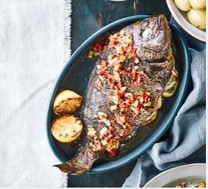 Barbecued bream with spring onions, lemon & chilli