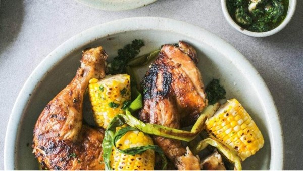 Barbecued chicken and sweetcorn with coriander dressing