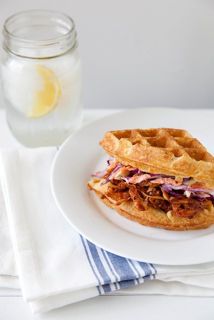 Barbecued chicken and waffle sandwiches