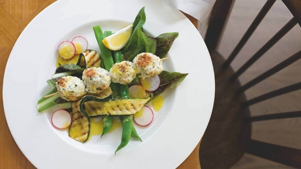 Barbecued chicken meatball salad with preserved lemon vinaigrette