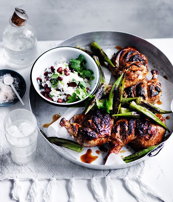 Barbecued chicken with blackened okra