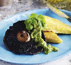 Barbecued chickpea fritters, mushrooms and jalapeno and herb sauce