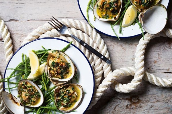 Barbecued clams with almond & parsley butter