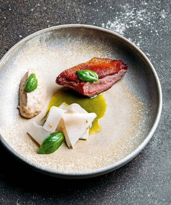 Barbecued duck breast with eggplant tahini & pickled kohlrabi