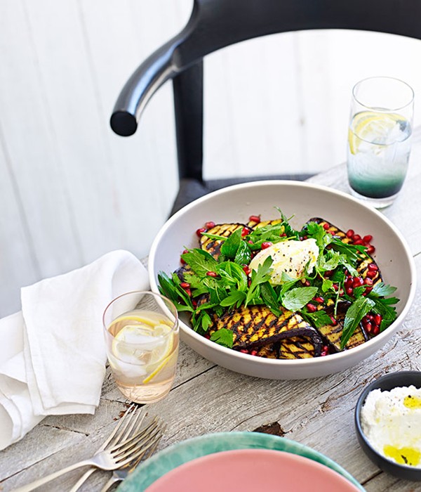 Barbecued eggplant salad with goat's curd, mint and pomegranate