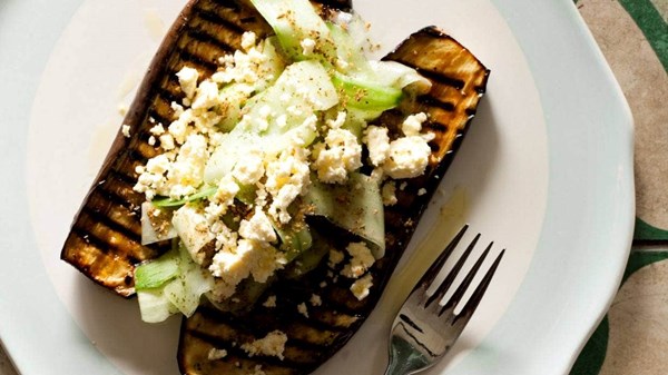 Barbecued eggplant steaks with feta and minted cucumber