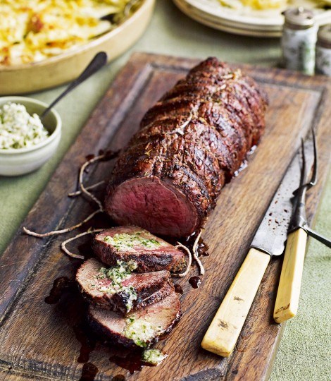 Barbecued fillet of beef with horseradish butter and chunky potato gratin