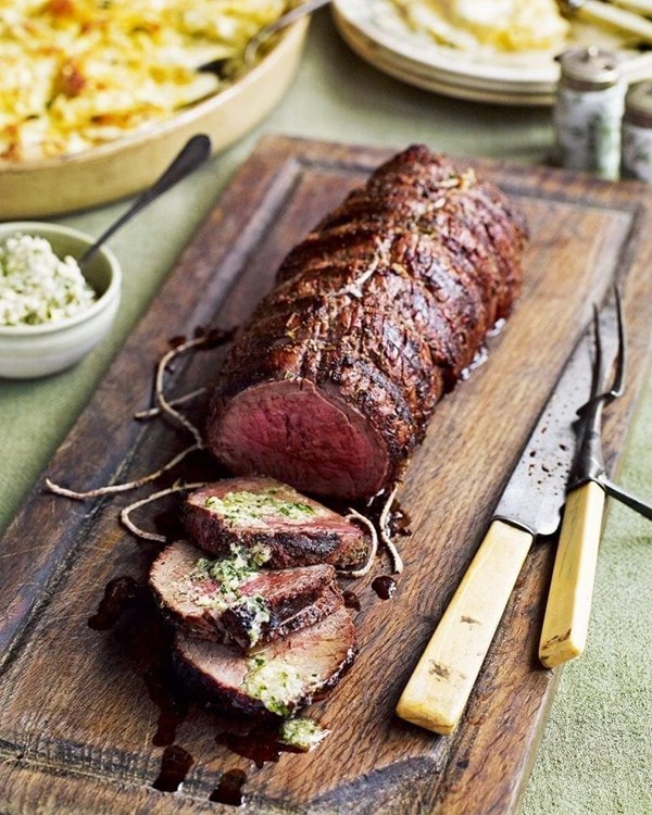 Barbecued fillet of beef with horseradish butter and chunky potato gratin