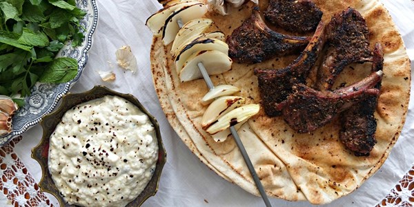 Barbecued goat chops with smoky aubergine sauce