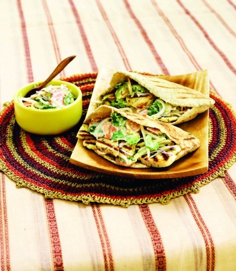 Barbecued haloumi and coleslaw pittas