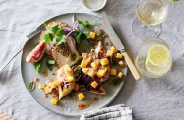 Barbecued haloumi and peach with hot honey