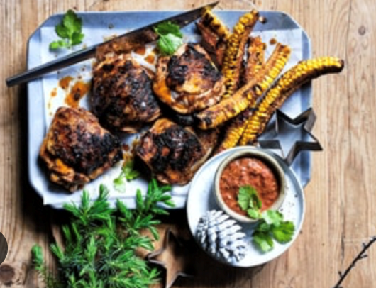 Barbecued harissa chicken and corn
