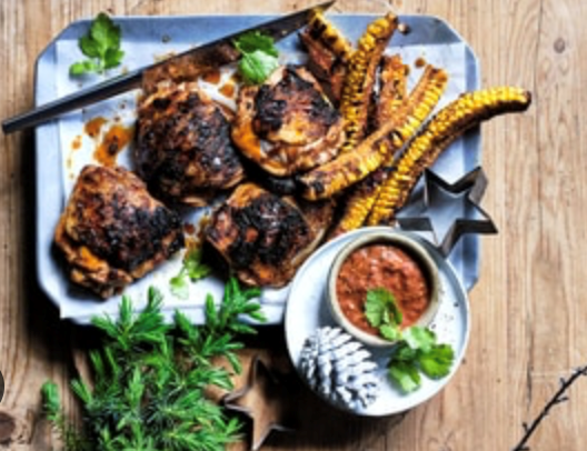 Barbecued harissa chicken and corn