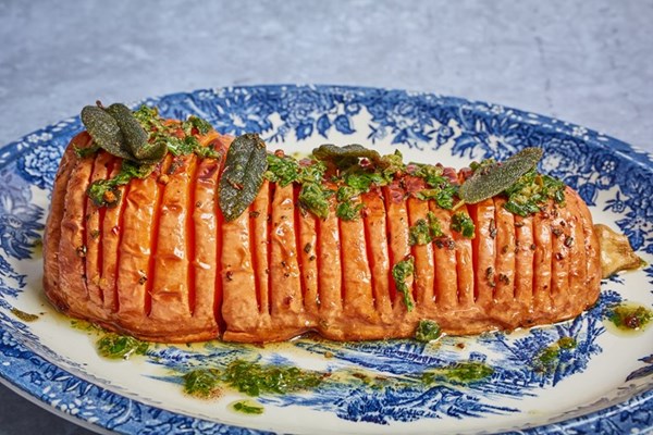  Barbecued Hasselback butternut squash with sage salsa verde