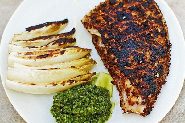 Barbecued John Dory with green sauce and chicory