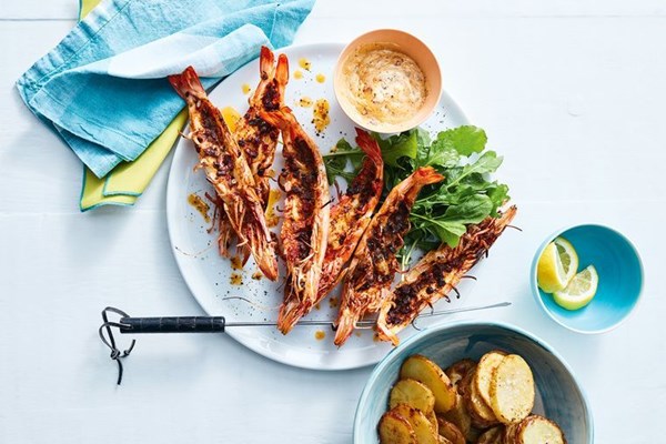 Barbecued king prawns with chorizo and Aleppo pepper butter