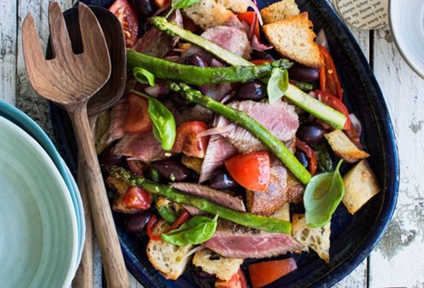 Barbecued lamb and olive panzanella