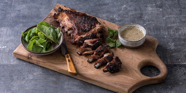 Barbecued lamb breast with malt vinegar sauce