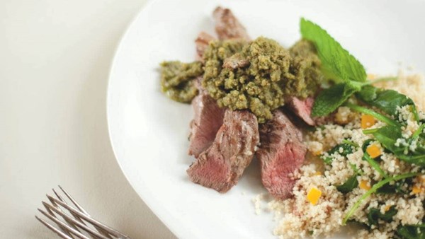 Barbecued lamb fillets with sassoun and spinach couscous