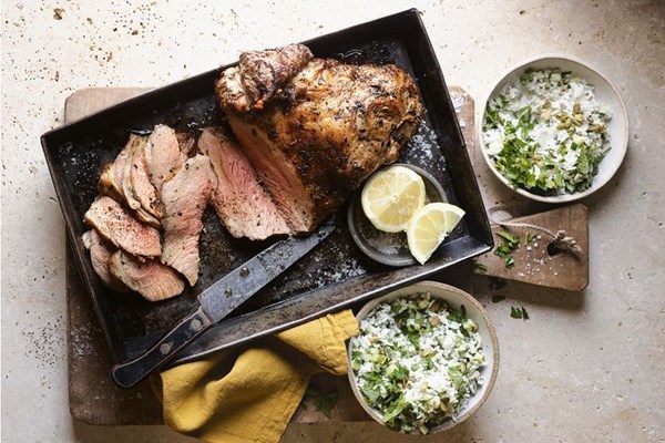 Barbecued lamb leg with rice salad