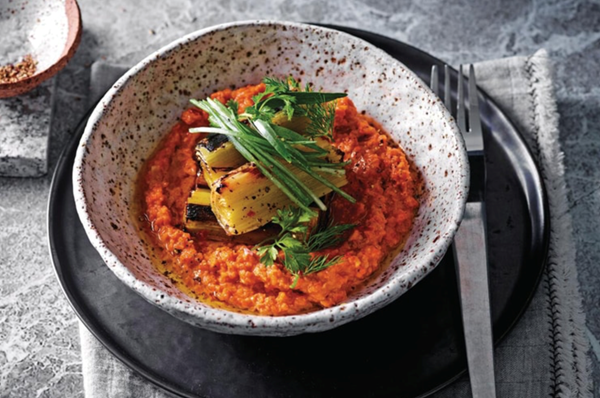 Barbecued leeks with romesco sauce