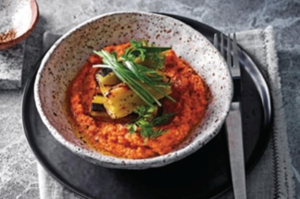Barbecued leeks with romesco sauce