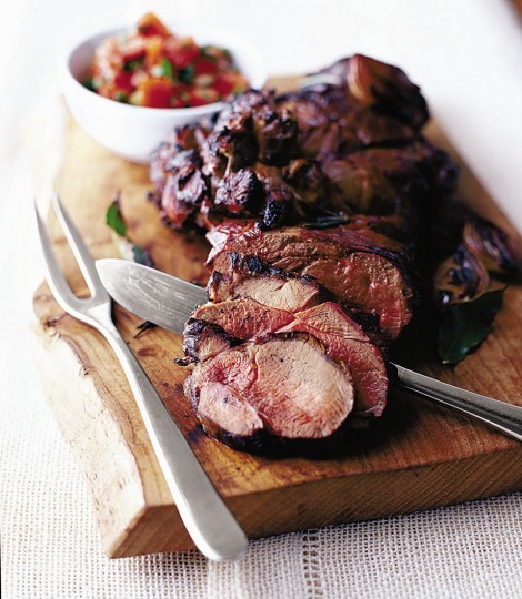 Barbecued leg of lamb with tomato and mint salsa