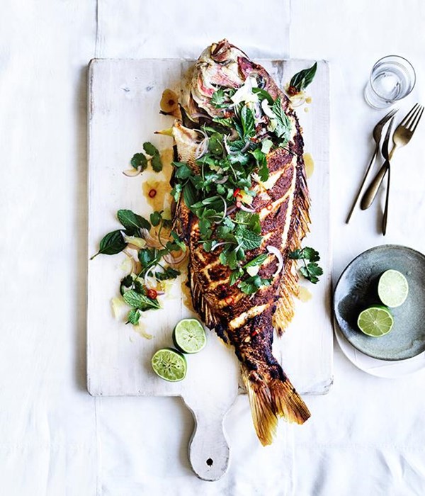 Barbecued lemongrass snapper with pomelo and herb salad