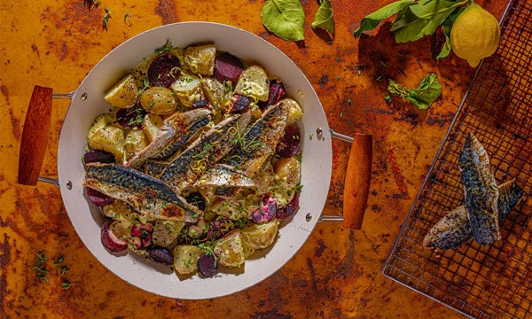Barbecued mackerel fillets with lemon, black pepper, beetroot, horseradish, chives and warm new potatoes