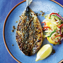 Barbecued mackerel with fennel, red onion and orange salad