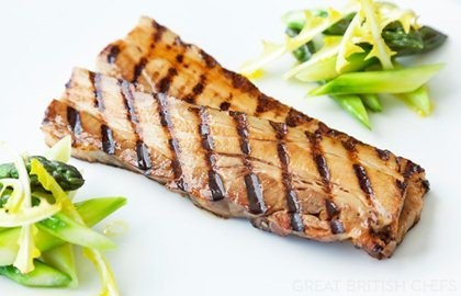 Barbecued Meantime pilsner-marinated free-range pork belly with English asparagus salad