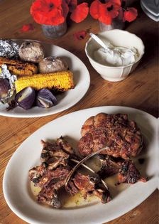 Barbecued mixed grill with corn