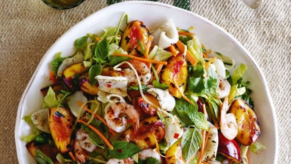 Barbecued nectarine, prawn and squid salad