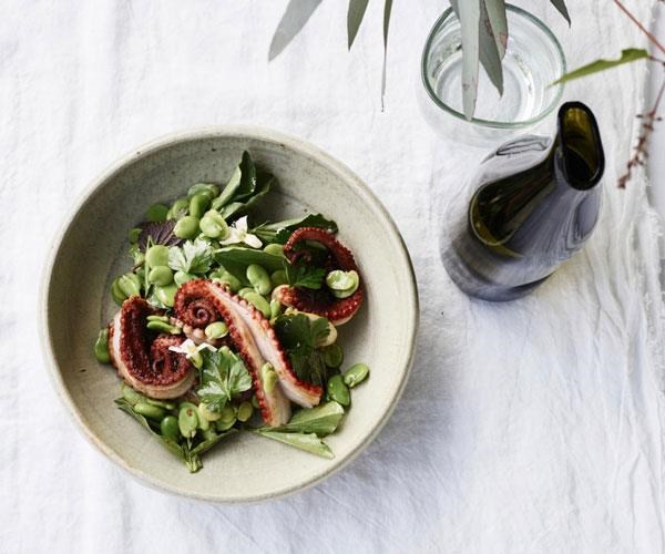 Barbecued octopus with lemon, broad beans and their leaves