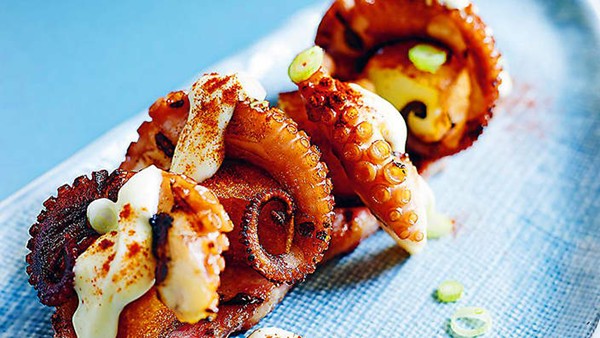 Barbecued octopus with sausage terrine, hash browns & aioli