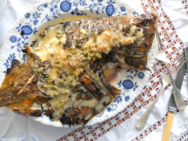 Barbecued plaice with an oxidised wine and caper sauce
