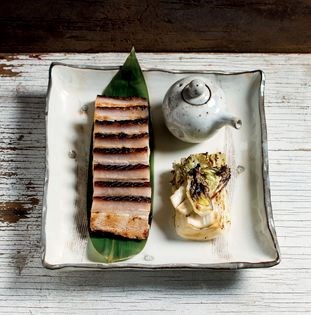 Barbecued pork belly, hot pepper miso and charred Chinese cabbage