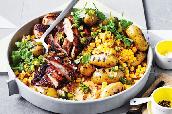 Barbecued potato, corn and chicken salad