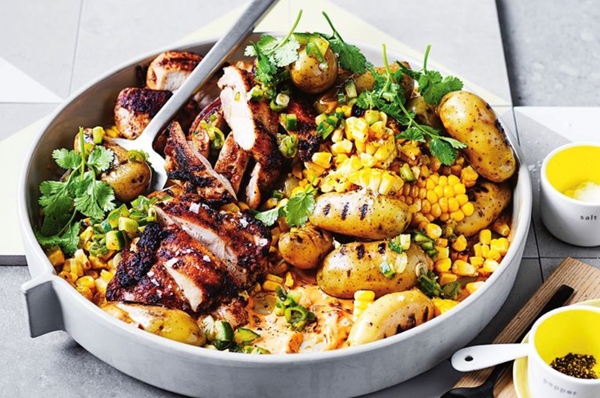 Barbecued potato, corn and chicken salad