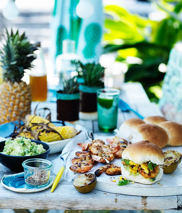 Barbecued prawn and corn rolls with smashed avocado