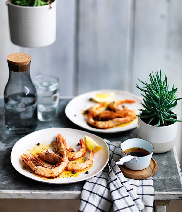 Barbecued prawns with brown butter and tamari