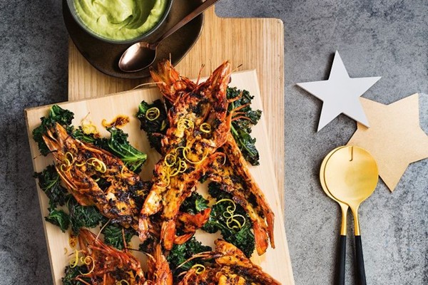 Barbecued prawns with charred kale and avocado