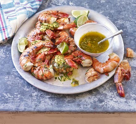 Barbecued prawns with chilli, lime & coriander butter
