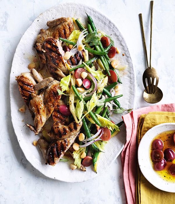 Barbecued quail with grapes, beans and macadamia nuts