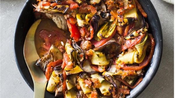 Barbecued ratatouille with sesame cream