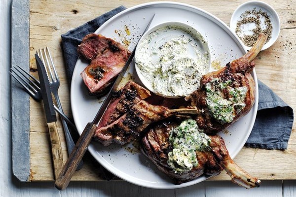 Barbecued rib eye cutlets with nori butter