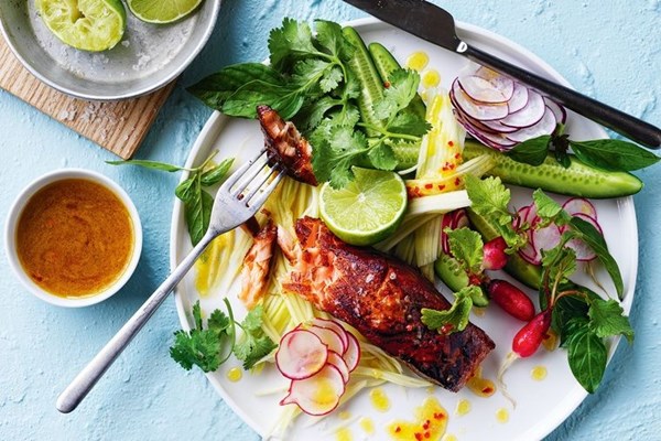 Barbecued salmon in wasabi and soy