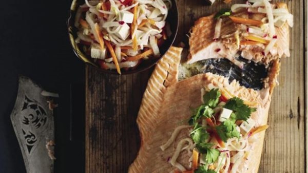 Barbecued salmon with miso tofu pickle