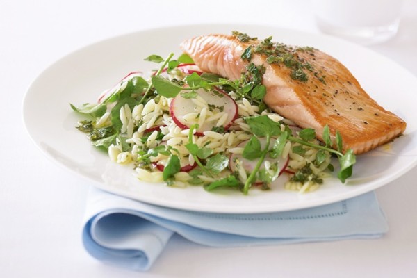 Barbecued salmon with risoni, lemon and herb salad